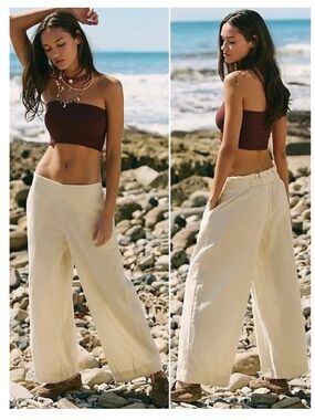 Free People Free-est Demi Cotton-Linen Pants Tea Cookie Size L NWOT